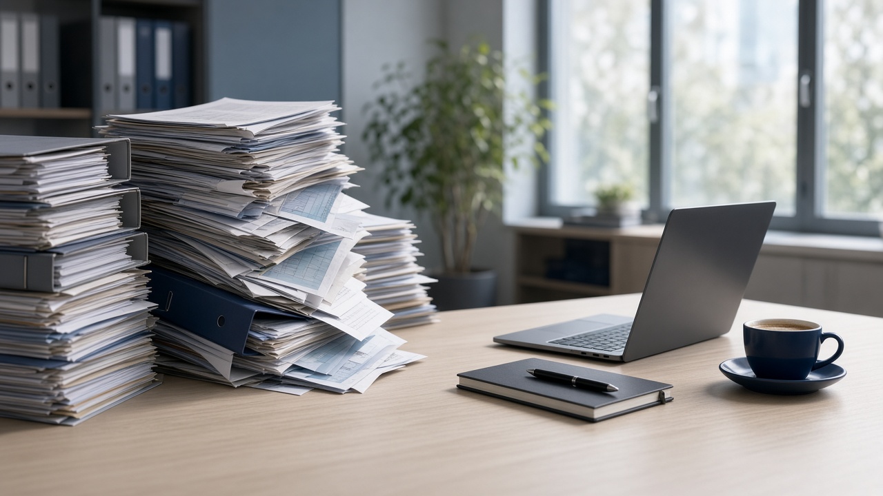 Schreibtisch mit Aktenstapeln und Laptop – Bürokratieabbau